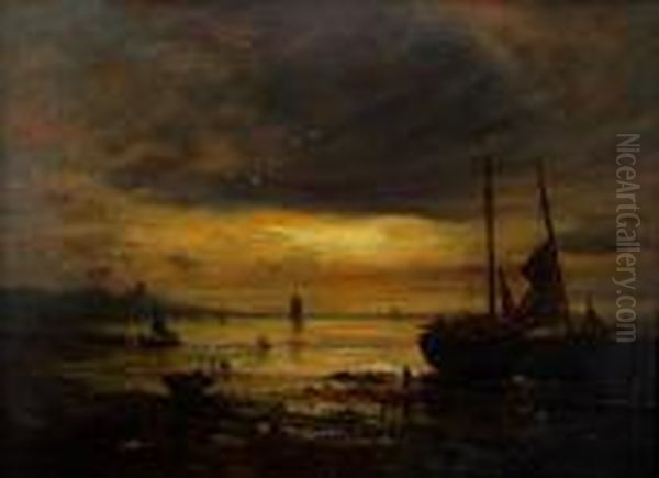 Fishing Boats At Sunset Oil Painting by Samuel Bough