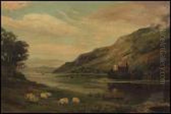 Grazing Sheep Along The River Oil Painting by Samuel Bough