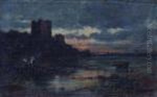 Coastal View With Castle And Figures Gathered By A Fire Oil Painting by Samuel Bough