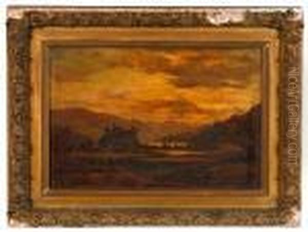 A Landscape At Sunset With A Castle In Thedistance Oil Painting by Samuel Bough