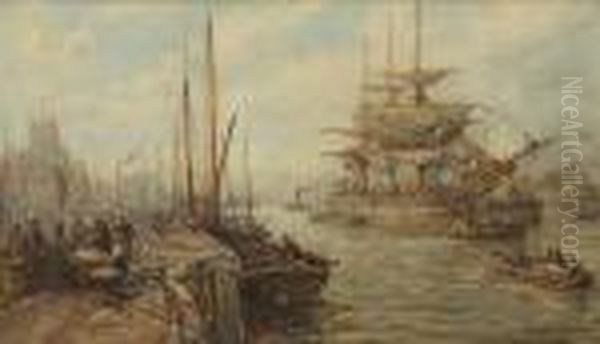 A Busy River Scene Oil Painting by Samuel Bough