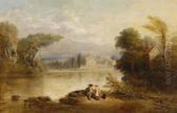 River Landscape With Children Fishing, Bolton Abbey In The Distance Oil Painting by Samuel Bough