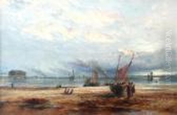 Coastal Scene With Fishing Boats & Figures At Sunset. Oil Painting by Samuel Bough