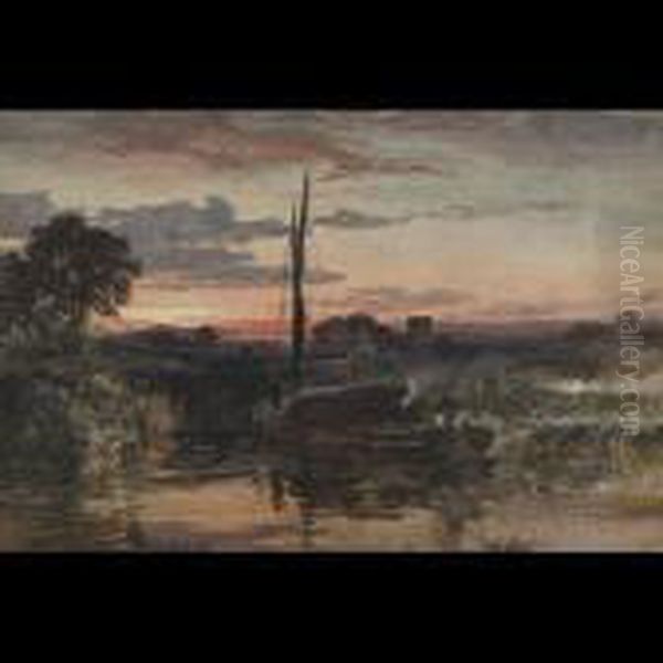 Barge Landing At Sunset Oil Painting by Samuel Bough