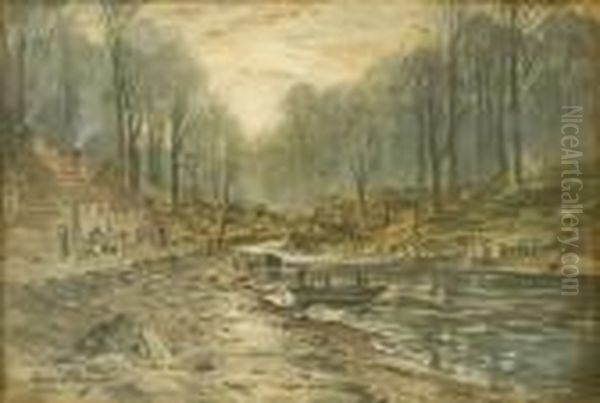 The Ferryboat, An Evening Scene With Autumn Mist Oil Painting by Samuel Bough