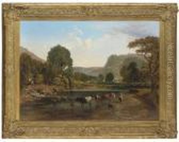 Cattle Watering In An Extensive Highland Valley, With Meadows And Cottages Beyond Oil Painting by Samuel Bough