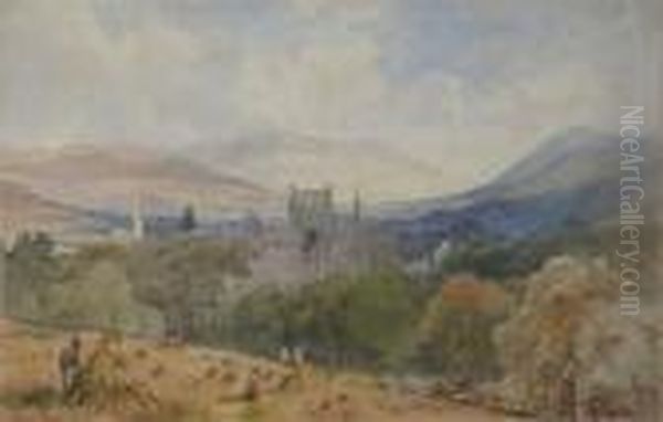 Melrose Abbey Wth Haystacks Oil Painting by Samuel Bough