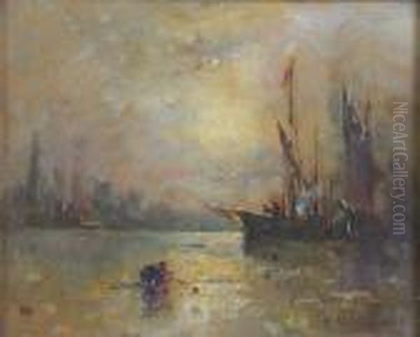 Shipping On The Thames, Moonlight Effect Oil Painting by Samuel Bough