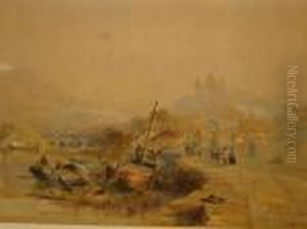 River Scene With Boats And Figures, Castle In The Distance Oil Painting by Samuel Bough