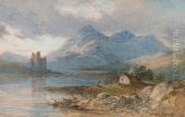 Eilean Donan Castle With Figure By The Loch Side Oil Painting by Samuel Bough