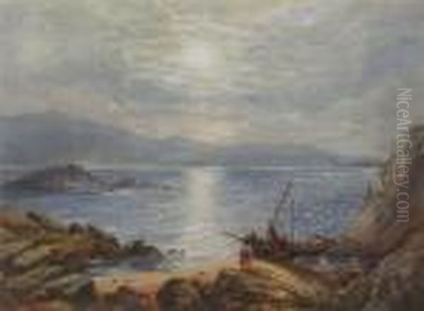 A Sunlit Bay With Figures Oil Painting by Samuel Bough