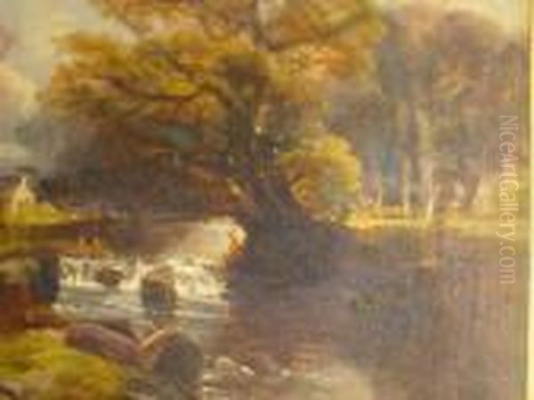 Autumnal River Scene, Indistinctly Signed Oil Painting by Samuel Bough