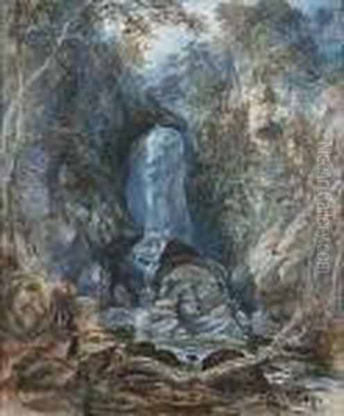 Huntsman And A Collie By A Waterfall Oil Painting by Samuel Bough