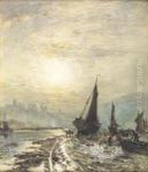 Whitby Harbour By Moonlight Oil Painting by Samuel Bough