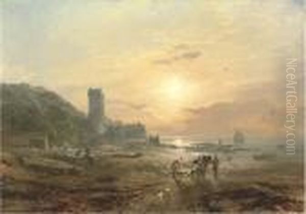 View Of Culross On The Forth, With Figures In The Foreground And Avillage Beyond Oil Painting by Samuel Bough