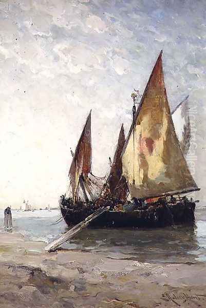 Fishing Boats Moored on the Beach Oil Painting by Edward Aubrey Hunt