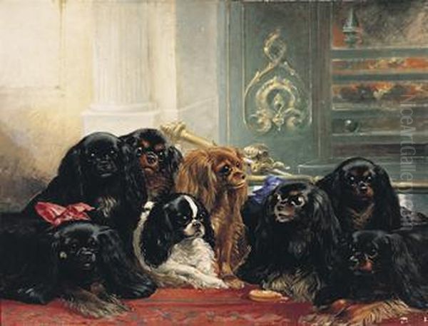 A Family Of King Charles Spaniels Oil Painting by Samuel Bough