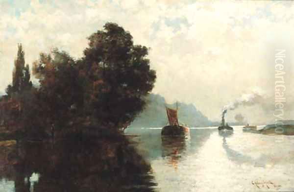 Barges on a river Oil Painting by Edward Aubrey Hunt