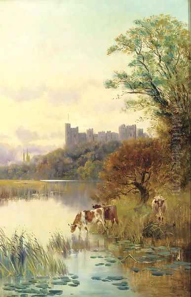 Cattle watering before a castle Oil Painting by Edward Aubrey Hunt