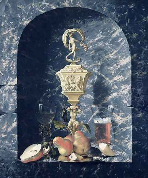 Still Life with Decorated Goblet Fruit and Glasses in a Stone Alcove Oil Painting by Johann Georg (also Hintz, Hainz, Heintz) Hinz