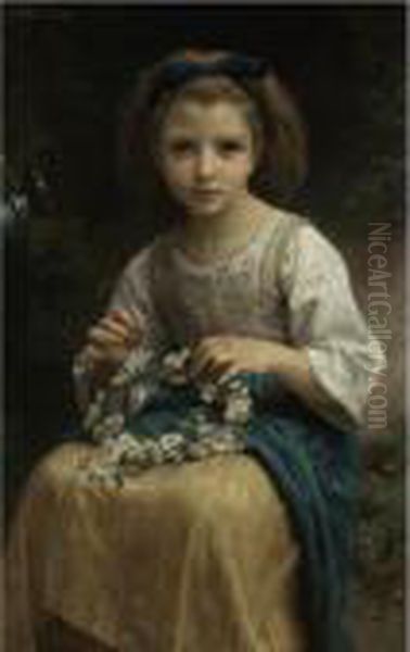 Enfant Tressant Une Couronne Oil Painting by William-Adolphe Bouguereau