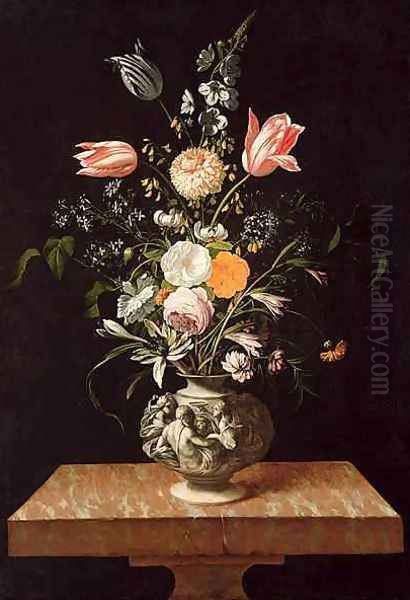 Vase with Relief and Flowers on a Marble Table Oil Painting by Johann Georg (also Hintz, Hainz, Heintz) Hinz