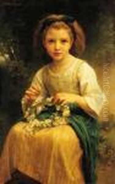 Enfant Tressant Une Couronne Oil Painting by William-Adolphe Bouguereau