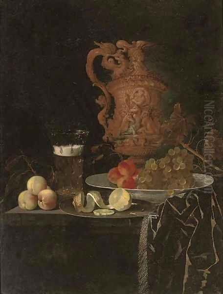 A gilt ewer, a roemer of beer, peaches, a partly-peeled lemon on a pewter tray, and grapes and peaches in a porcelain dish on a partly-draped table Oil Painting by Johann Georg (also Hintz, Hainz, Heintz) Hinz