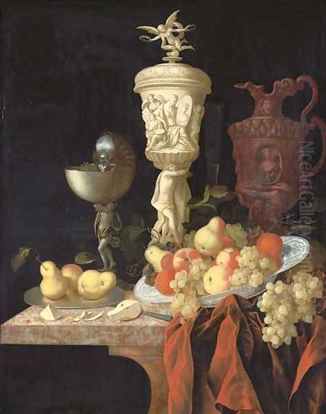 A nautilus cup, a sculpted marble urn, a sculpted porphyry jug and other vessels with oranges, apples, pears and grapes in a blue and white porcelain Oil Painting by Johann Georg (also Hintz, Hainz, Heintz) Hinz