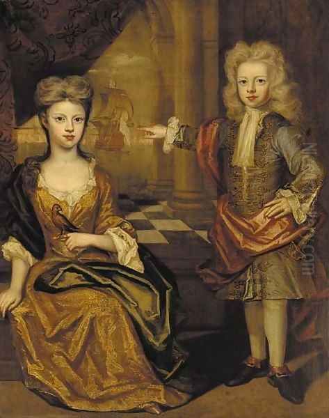 Double portrait of a young boy and girl, the boy, full-length, in a gold-embroidered blue jacket with red wrap Oil Painting by Joris van der Haagen or Hagen