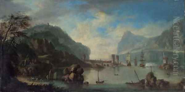 A Rhenish harbour with a man-o'-war firing a salute Oil Painting by Joris van der Haagen or Hagen