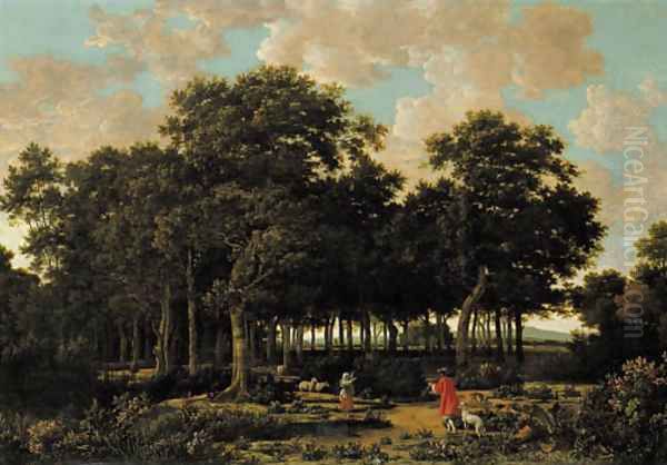 A wooded landscape with a huntsman and a shepherdess Oil Painting by Joris van der Haagen or Hagen