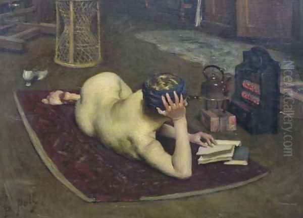 Nude Reading at Studio Fire Oil Painting by Bernard Hall