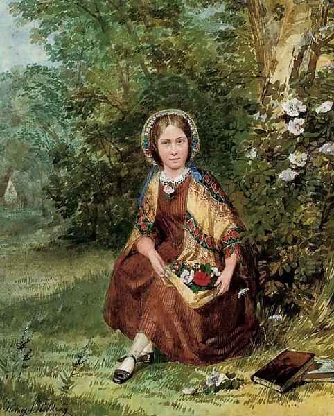 Portrait of a lady with flowers in her lap Oil Painting by Henry James G. Holding