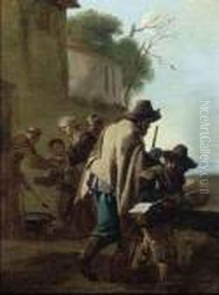 A Monk Serving Gruel To Peasants Outside A Church Oil Painting by Sebastian Bourdon