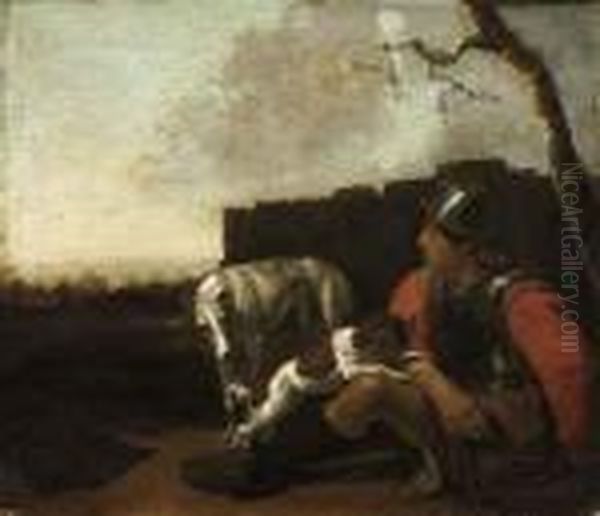 A Soldier Seated Against A Wall, With Two Dogs, In A Landscape Oil Painting by Sebastian Bourdon