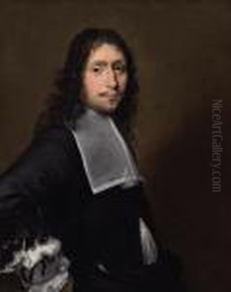 Portrait Of A Gentleman, Half-length, In A Black Doublet, A Fly On His Collar Oil Painting by Sebastian Bourdon