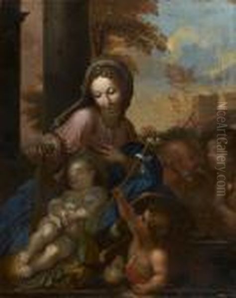 Sainte Famille Avec La Vierge Contemplant L'enfant Endormi Oil Painting by Sebastian Bourdon