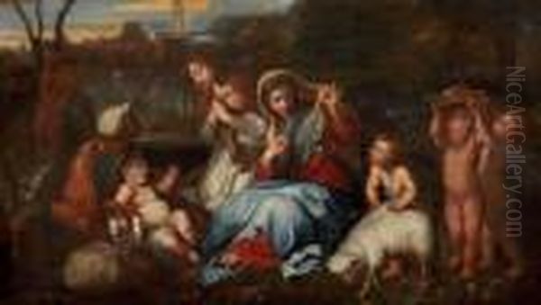 Vierge A L'enfant Dans Un Paysage Avec Saint Jean-baptiste Oil Painting by Sebastian Bourdon