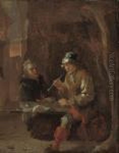 A Young Boy Seated At A Table, Smoking A Pipe, With An Old Man Oil Painting by Sebastian Bourdon