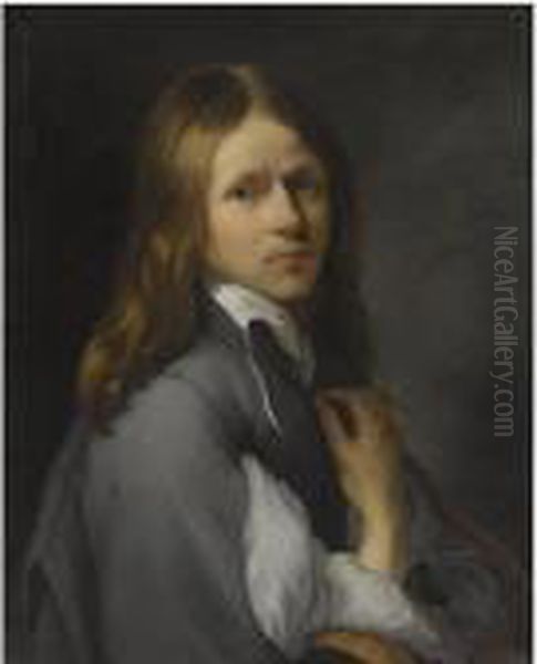 Portrait Of A Long-haired Young Man, Half Length, Wearing A Greytunic Oil Painting by Sebastian Bourdon