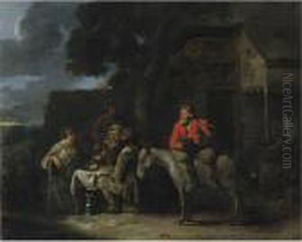 Peasants Outside An Inn Oil Painting by Sebastian Bourdon