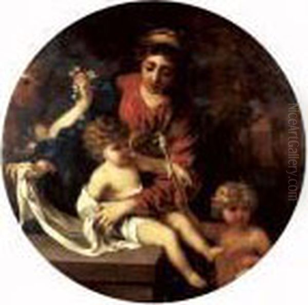 La Vierge A L'enfant Avec Saint Jean-baptiste Et Un Ange Oil Painting by Sebastian Bourdon