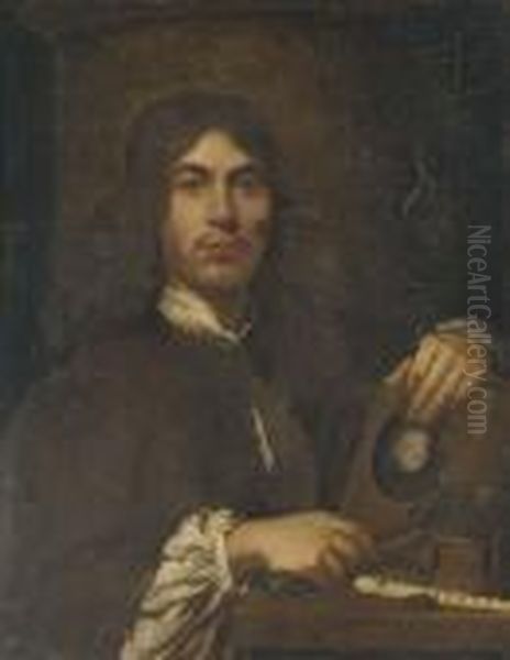 Portrait Of An Artist, Standing 
Bust-length, Holding A Hammer And Chisel Before An Intaglio Oval 
Portrait Bust Of A Classical Figure, With A Pot Of Chisels And A Flute 
On A Table Oil Painting by Sebastian Bourdon