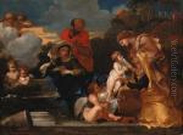 The Holy Family With The Infant Saint John The Baptist And Saintsanne And Elizabeth Oil Painting by Sebastian Bourdon