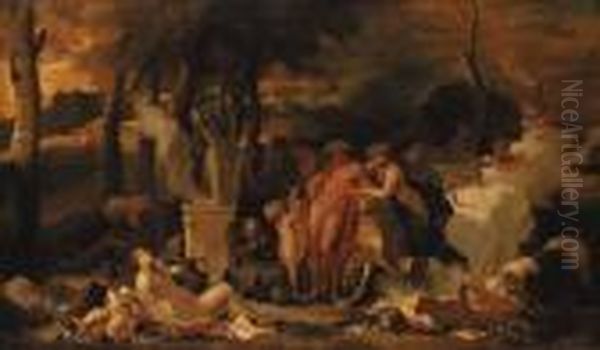 Bacchus And Ariadne With Bacchantes By An Altar In Alandscape Oil Painting by Sebastian Bourdon