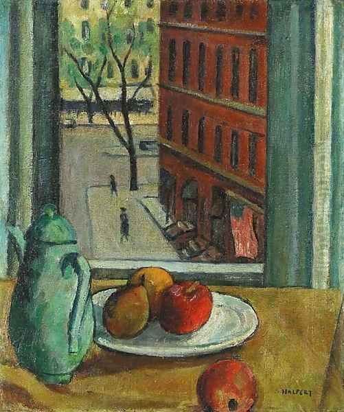 Still Life with Fruit with View of Street from Window Oil Painting by Samuel Halpert