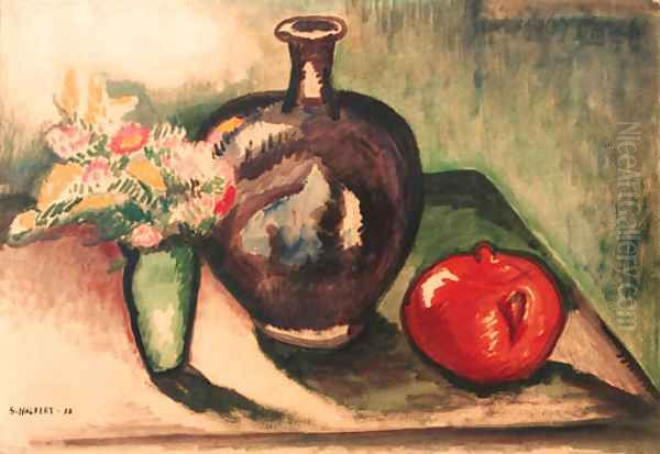 A still life with flowers, an apple and a vase Oil Painting by Samuel Halpert