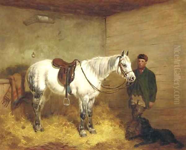 A saddled grey pony and groom in a stable with a retriever Oil Painting by Harry Hall