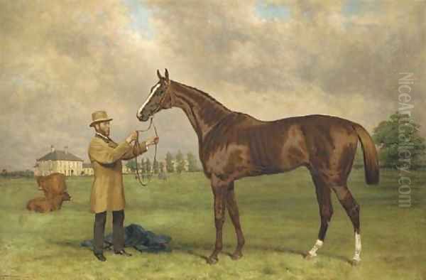 Prince Charlie, held by his jockey, John Osborne, before Bedford Lodge, Newmarket Oil Painting by Harry Hall